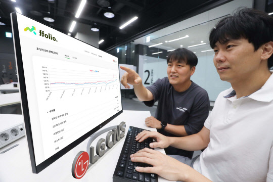 최준혁(왼쪽) 폴리오컴퍼니 대표가 동료와 투자전략 거래 플랫폼을 개발하고 있다.  LG CNS 제공